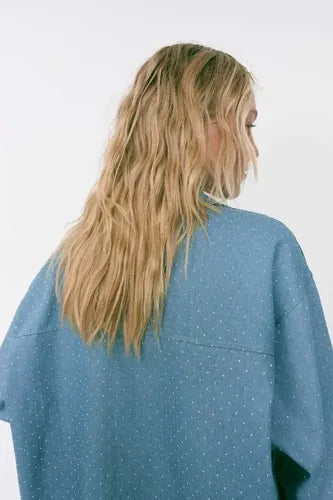 Campera Jean Saco Denim Talle Amplio Hasta 3xl Con Hotfix Celeste Único Liso