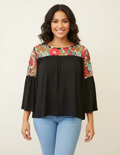 Remera Blusa Manga 3/4 Modal Y Tull Bordado Negro Bordado Único