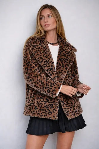 Saco Campera Chaqueta Piel Sintética Animal Print Marrón Oscuro Único Animal Print