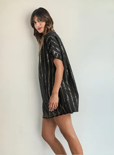 Vestido De Noche Fiesta De India Lurex Y Lentejuelas Negro Lineas Lurex Único
