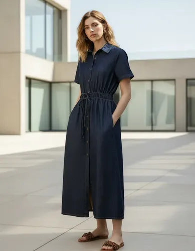 Vestido Jean Camisero Largo Manga Corta