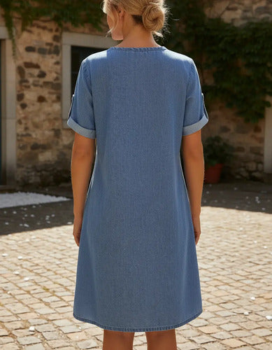 Vestido De Jean Camisero Manga Corta Midi Celeste Liso Xs