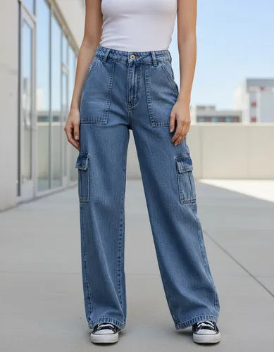 Jean Cargo Wide Leg Varna  Azul Liso 38