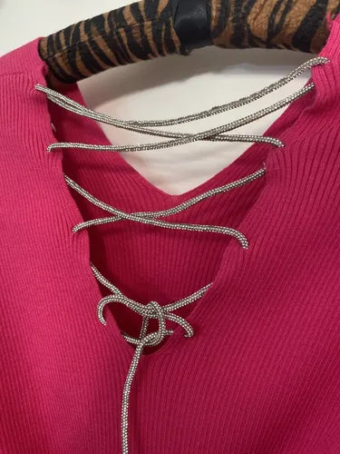 Sweater Tejido Morley Mangas Globo Fucsia Liso Único