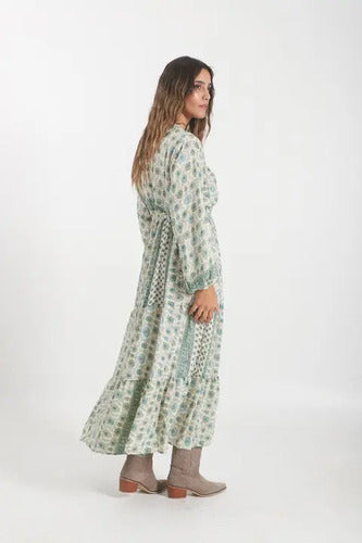 Vestido Largo De Seda Hindú Mod. 3 Crema Con Verde Estampado Único