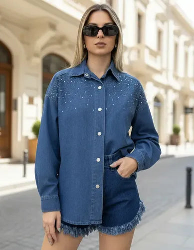 Camisa De Jean Con Hotfix Talle Amplio 2da Selección Azul Hotfix 38