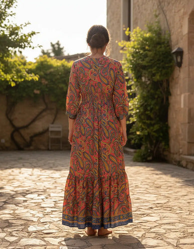 Vestido Largo De Seda Hindú Rosa Estampado Único