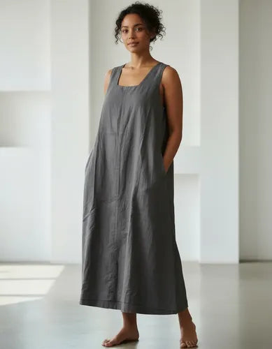 Vestido De Lino Escote Cuadrado Gris Lisa Único