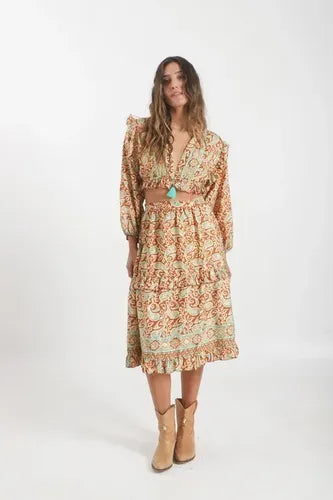 Pollera + Blusa De Seda Hindú (conjunto) Marrón Estampado Único