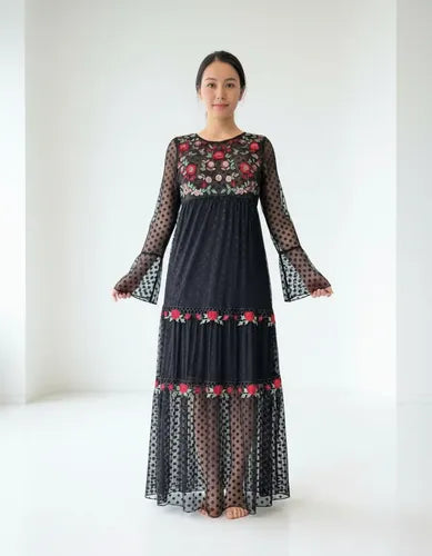 Vestido Boho Fiesta Bordado Tipo Vars Importado Negro Liso S/m