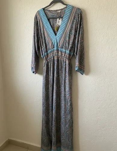 Vestido Largo De Seda Hindú Modelo Amplio Mod. 84 Turquesa Estampado Único