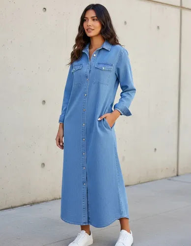Vestido Camisero De Jean Maxi Celeste Lisa 4
