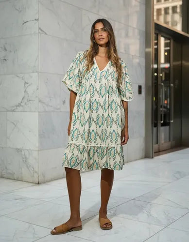Vestido De Seda Hindú Corto Amplio Mod. 49 Crema Estampado Único