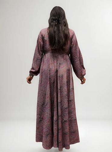 Vestido Largo Seda Hindú Manga Larga Naranja Estampado Único
