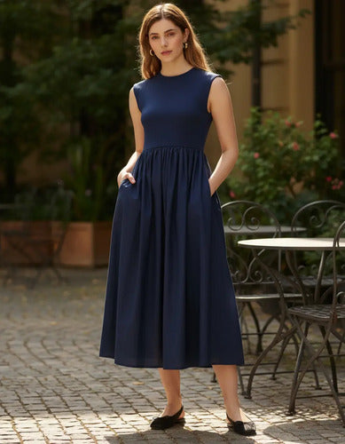 Vestido Largo Sin Mangas Combinado Con Ribb Y Poplin