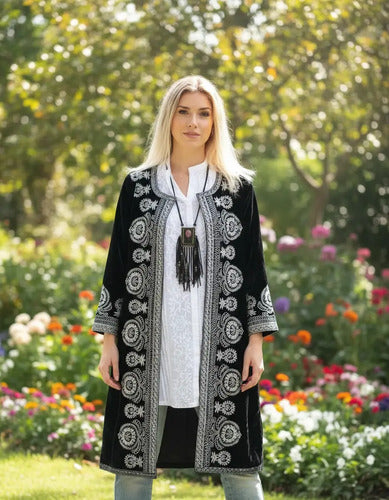 Tapado Saco Largo De Chiffon Bordado Negro Con Plateado M Liso