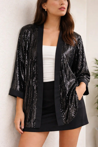 Saco Kimono De Lentejuelas Noche Fiesta Negro 40