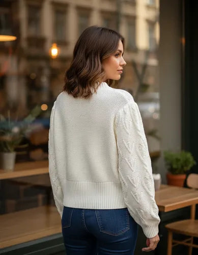 Sweater Tejido Folk Borlas Modelo Amplio Beige Liso Único