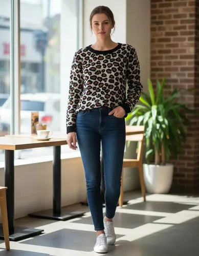Sweater Tejido Con Lurex Animal Print Azul Oscuro Animal Print Único