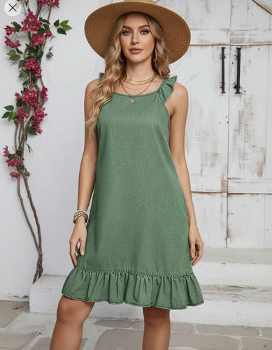 Vestido Solero De Simil Jean Verde Verde Liso S