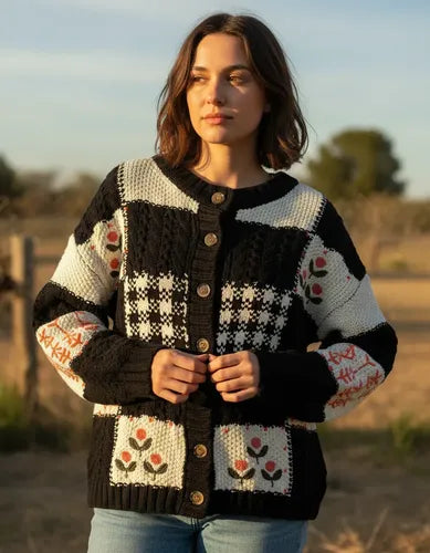 Saco Cárdigan Tejido Amplio Bordado Folk Boho