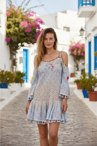 Vestido Importado India Tipo Rapsodia Vars Envio Gratis Celeste Con Beige Liso L