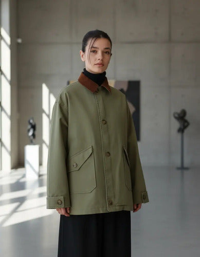 Campera De Gabardina Y Corderoy Oversize Modelo Grande Verde 40 Liso
