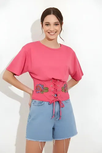 Remera Blusa Bordada Importada Estilo Boho Corset Blanco Bordado M