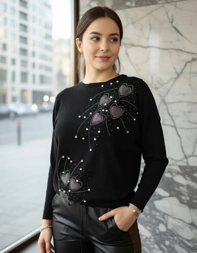 Sweater  Importado Corazones Strass Cod. 295 Negro Único