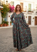 Vestido Boho Largo Manga Larga Seda Hindú Fiesta Verde Estampado Único