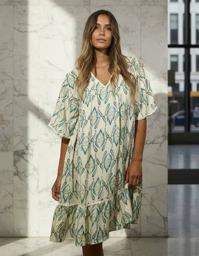 Vestido De Seda Hindú Corto Amplio Mod. 49 Crema Estampado Único