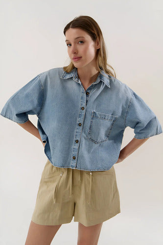 Camisa De Jean Denim Manga Corta Modelo Grande