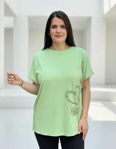 Remera  Modal Strass Importada Talle Grande Verde Corazones 3xl Lisa