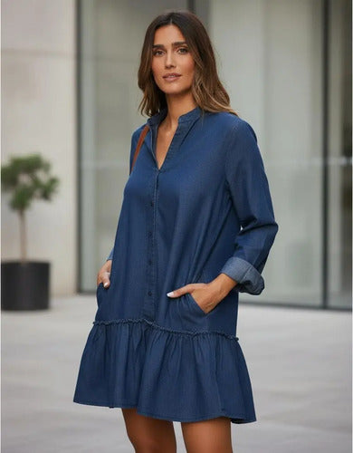 Vestido De Jean Con Volado Manga Larga Talle Grande Azul Lisa Xxl
