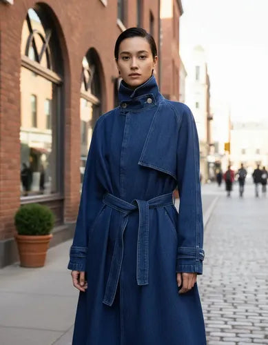 Trench Tapado De De Jean Modelo Grande Azul Único Lisa