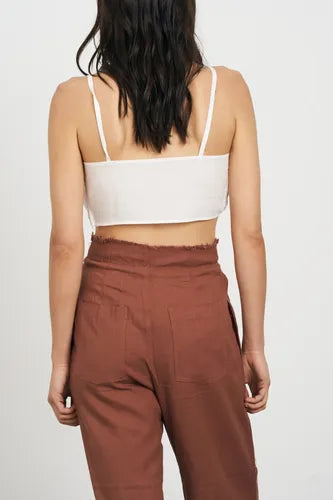 Pantalón  De Lino Cintura Alta Marrón Liso 42