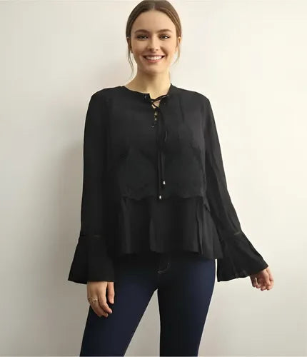 Blusa Camisa Importada Mangas Oxford Estilo Vars Boho Negro Lisa S