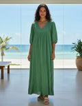 Vestido Largo Simil Seda Y Puntilla Modelo Amplio Verde Lisa Único