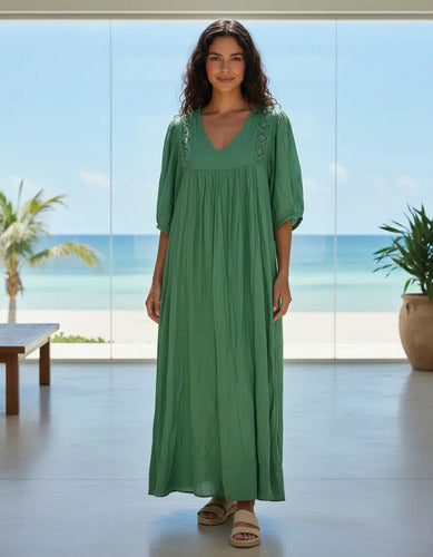 Vestido Largo Simil Seda Y Puntilla Modelo Amplio Verde Lisa Único
