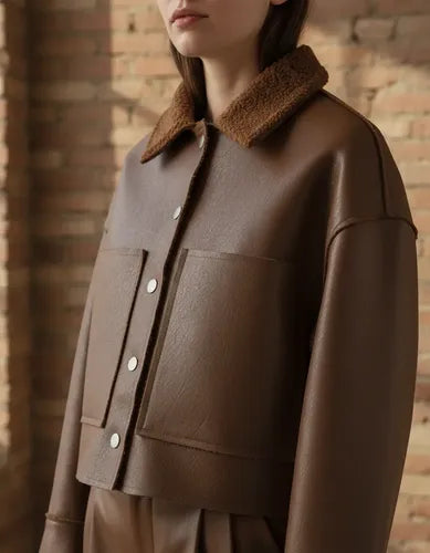 Saco Chaqueta Campera Eco Cuero Con Bouclé Marrón Único Liso
