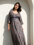 Vestido Largo Fiesta Importado Seda Hindú Amplio Gris Estampado Único