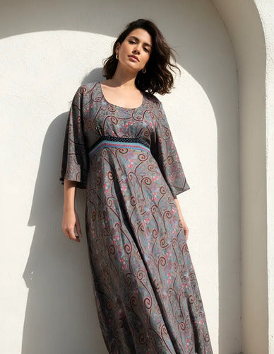 Vestido Largo Fiesta Importado Seda Hindú Amplio Gris Estampado Único