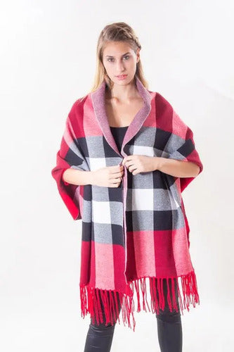 Ruana Poncho Reversible Escocesa Para Mujer Rojo Cuadros Único