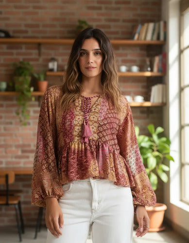 Blusa Hindú Modelo Amplio Rosa Estampado Único