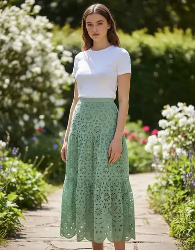 Pollera De Broderie Larga Verde Agua Liso Xl