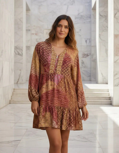 Vestido De Seda Hindú Corto Amplio Mod. 101 Rosa Estampado Único