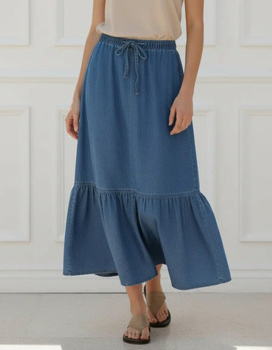 Pollera De Jean Larga Con Volado (modelo Grande) Xl/xxl Azul Liso Xl