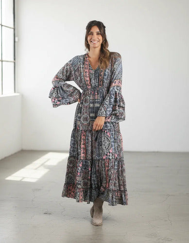 Vestido De Seda Hindú Largo Mangas Oxford Mod. 62 Gris Oscuro Estampado Único
