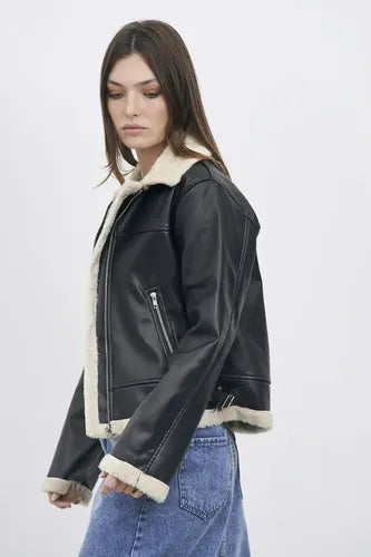 Campera Gamulán Eco Cuero Con Piel Negro 42 Liso