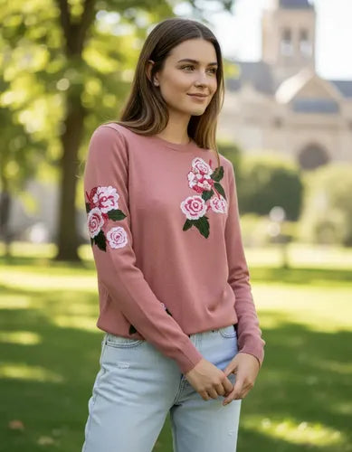 Sweater Tejido Importado Detalles  Strass Flores Negro U